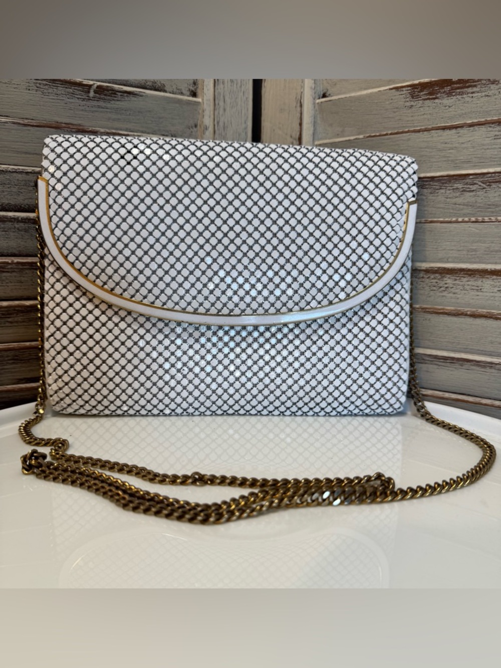 Whiting Davis White Enamel Chainmail Bag Gold Chain